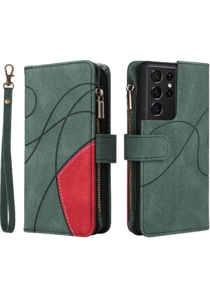 Samsung Galaxy S21 Ultra Iki Renkli Dikiş Fermuar Cüzdan Tarzı (Yurt Dışından)