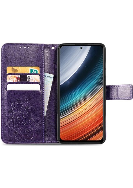 Colorful Shop Xiaomi Redmi K40S Için Kılıf Kısa Kayış Dört Yapraklı Yonca Deri Kılıf Flip (Yurt Dışından)