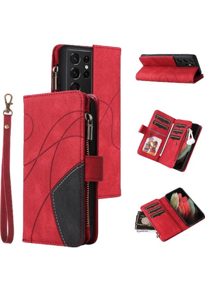 Samsung Galaxy S21 Ultra Iki Renkli Dikiş Fermuar Cüzdan Tarzı (Yurt Dışından)