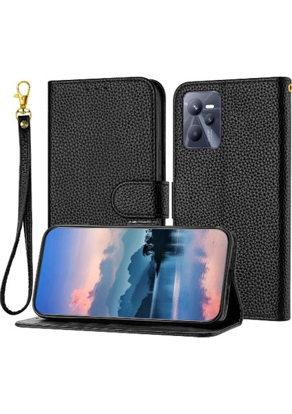 Realme C35 Pu Deri Flip Folio Cüzdan Litchi Desen Kartı Için Telefon Kılıfı (Yurt Dışından)