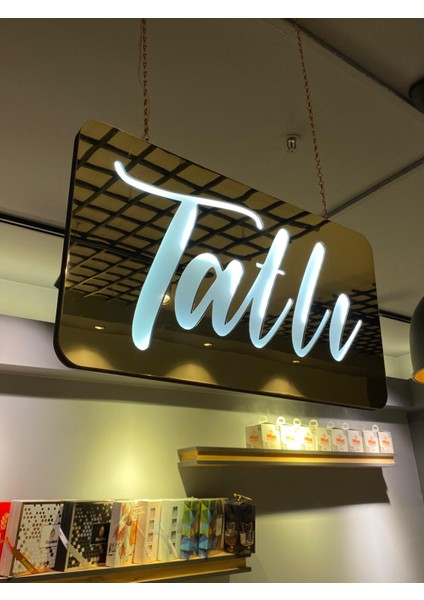 Tatlı Yazılı Modern Gold Aynalı Beyaz LED Tabela modelleri
