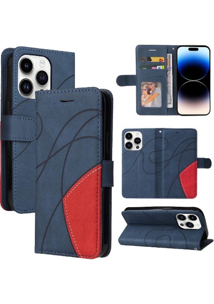 IPhone 15 Için Kılıf Pro Iki Renkli Dikiş Pu Deri Flip Folio Kılıf ile (Yurt Dışından)