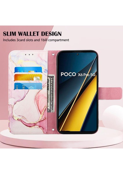 Xiaomi Poco X6 Pro Mermer Desen Pu Deri Cüzdan Kickstand (Yurt Dışından) modelleri