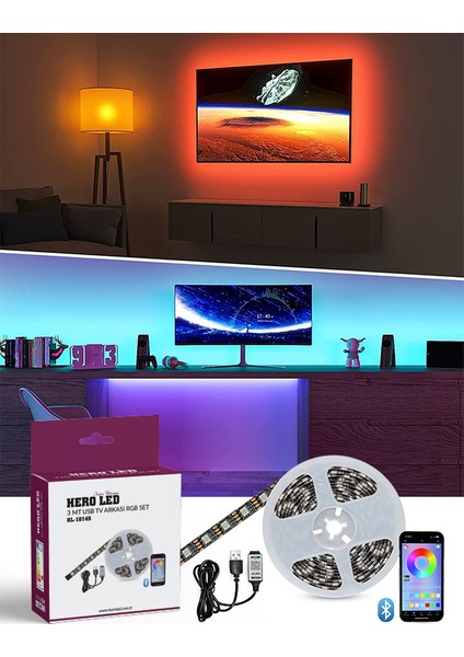 Hero Led 3 mt USB Tv Monitör Arkası Bluetooth Rgb Şerit LED Set 16 Renkli Dekoratif Aydınlatma