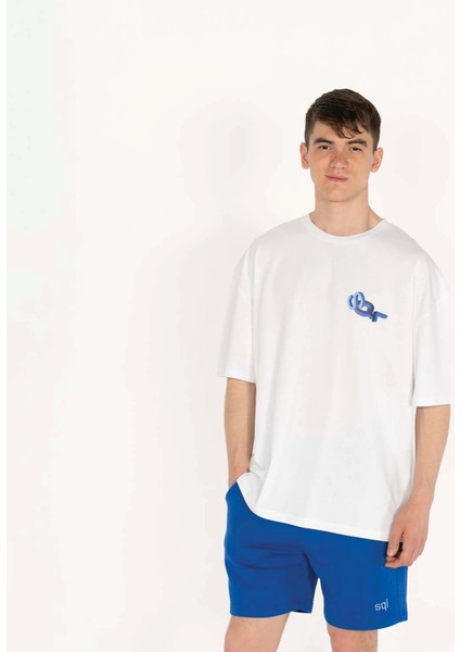 Oversized Sql Baskılı Erkek Beyaz T-Shirt