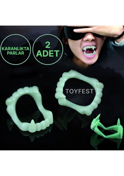 Cadılar Bayramı &halloween Parti Kostüm Aksesuarı 2 Adet Karanlıkta Parlayan Vampir Neon Glow Dişlik