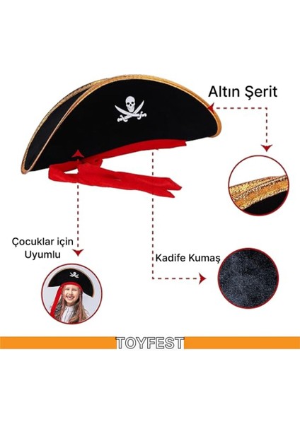 Kaptan Jack Sparrow Şapka - Kanca - Göz Maskesi 3 Lü Çocuk Korsan Kostüm Seti