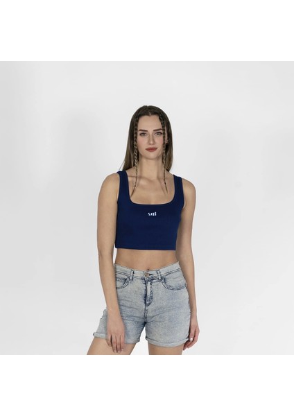 Geniş Askılı Nakışlı Kaşkorse Kadın Lacivert Crop