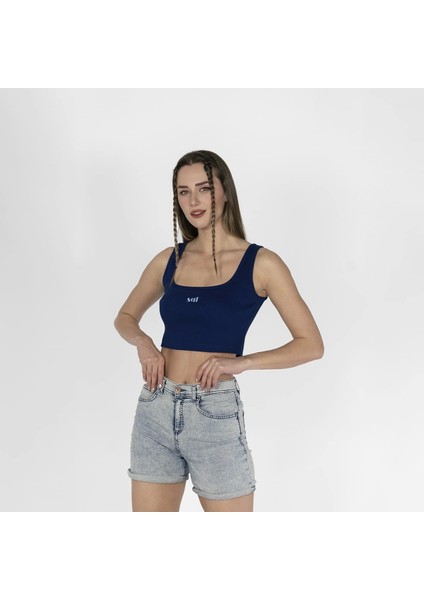 Geniş Askılı Nakışlı Kaşkorse Kadın Lacivert Crop fiyatları