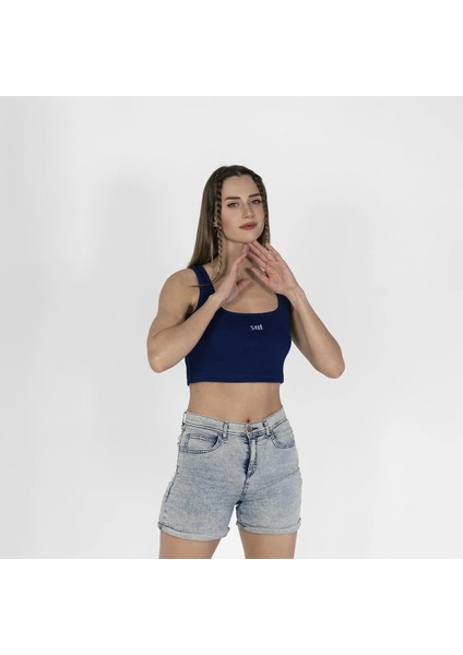 Geniş Askılı Nakışlı Kaşkorse Kadın Lacivert Crop modelleri