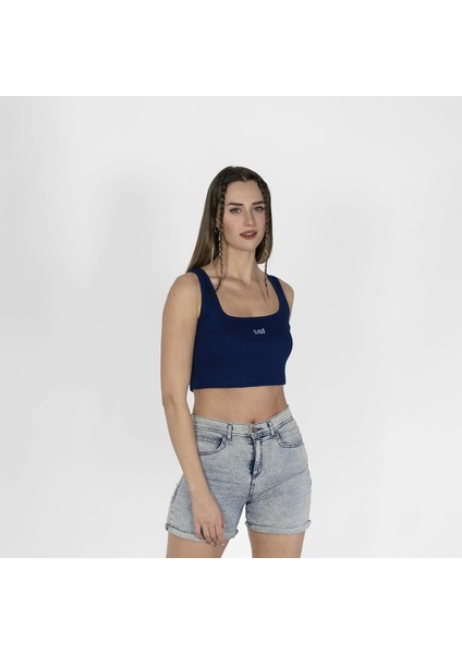 Geniş Askılı Nakışlı Kaşkorse Kadın Lacivert Crop fırsatları