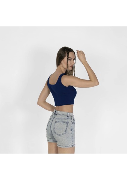 Geniş Askılı Nakışlı Kaşkorse Kadın Lacivert Crop indirimleri