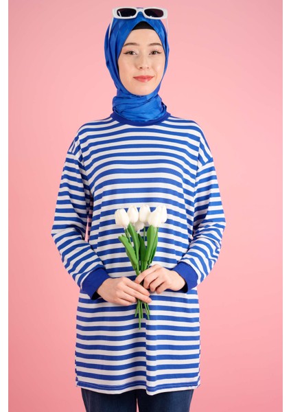 Kadın Yazlık Çizgili Penye Tesettür Tunik Ince Çizg.- Mavi