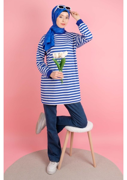 Kadın Yazlık Çizgili Penye Tesettür Tunik Ince Çizg.- Mavi modelleri