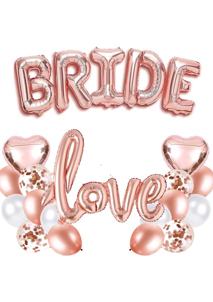 Bi Dolu Mutluluk Bride Balon , Tek Taş Yüzük ve Kalp Folyo Balonlu Rose Gold Set