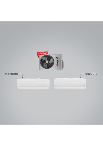 A++ 18000 BTU + 9000 BTU İç Ünite (1 adet Dış Ünite = 2 adet İç Ünite) 1+3 Multi Inverter Klima