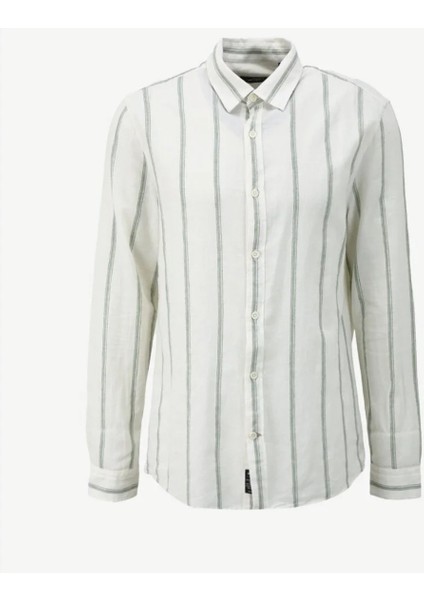 Erkek Keten Yeşil Çizgili Slim Fit Gömlek