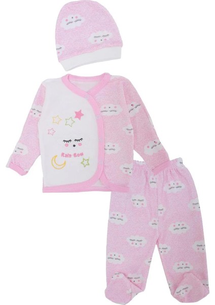 Unisex Bebek Bulut Baskılı Şapkalı Çıtçıtlı 3'lü Alt Üst Takım