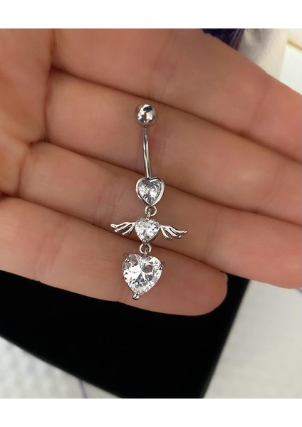 Cerrahi Çelik Gümüş Renk Kalpli Kanatlı Sallantılı Zirkon Taşlı Göbek Piercingi fiyatları