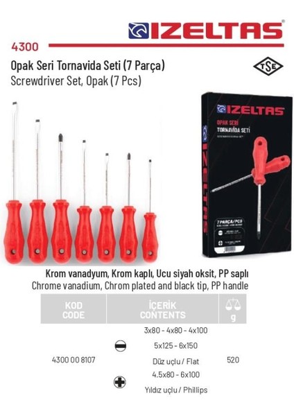 Izeltaş 7 Parça Opak Seri Tornavida Seti 4300 00 8107