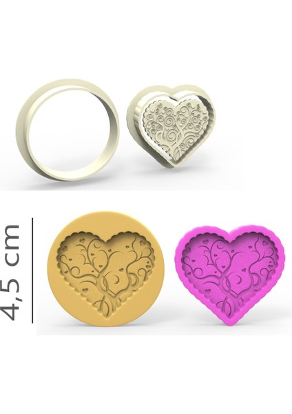 Desenli Kalp Kurabiye, Bisküvi, Kolye Ucu, Mühür Kalıp Seti - 4,5 cm