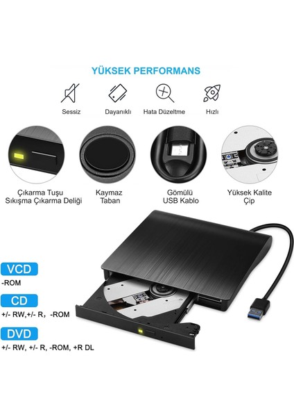 USB 3.0 Taşınabilir CD DVD Yazıcı Okuyucu Windows Mac Dizüstü Masaüstü Bilgisayar