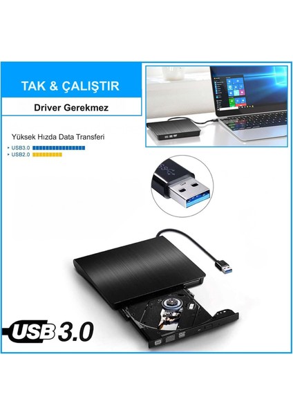 USB 3.0 Taşınabilir CD DVD Yazıcı Okuyucu Windows Mac Dizüstü Masaüstü Bilgisayar