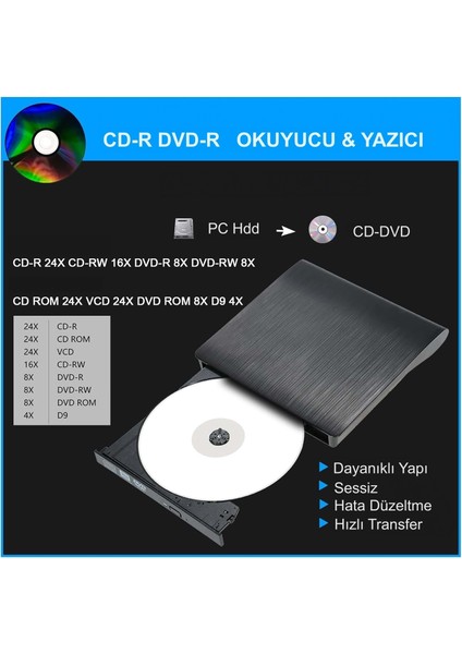 USB 3.0 Taşınabilir CD DVD Yazıcı Okuyucu Windows Mac Dizüstü Masaüstü Bilgisayar