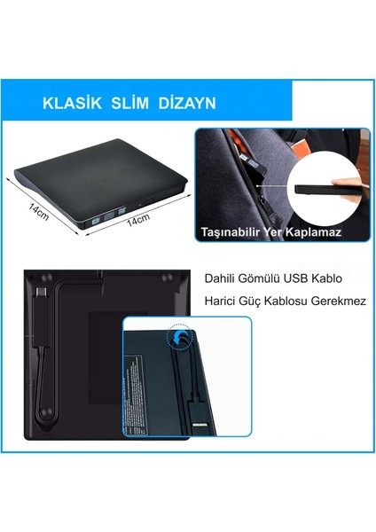 USB 3.0 Taşınabilir CD DVD Yazıcı Okuyucu Windows Mac Dizüstü Masaüstü Bilgisayar