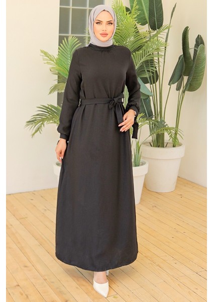 Kolları Ipli Keten Elbise 970 - Siyah