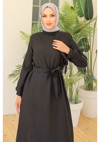 Kolları Ipli Keten Elbise 970 - Siyah fiyatları