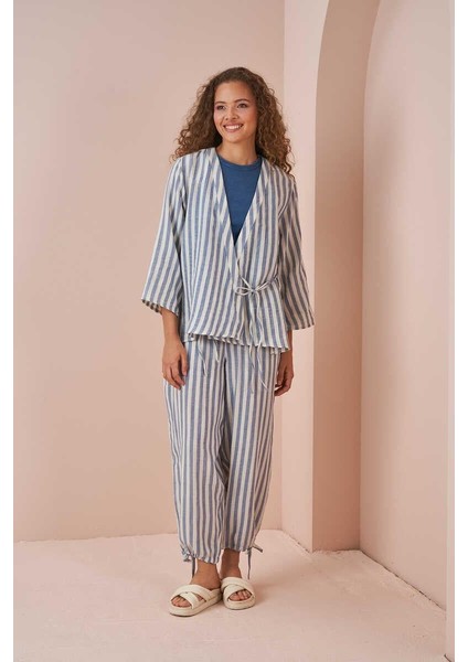 Kruvaze Kimono Bluz Müslin Ince Çizgili Mavi