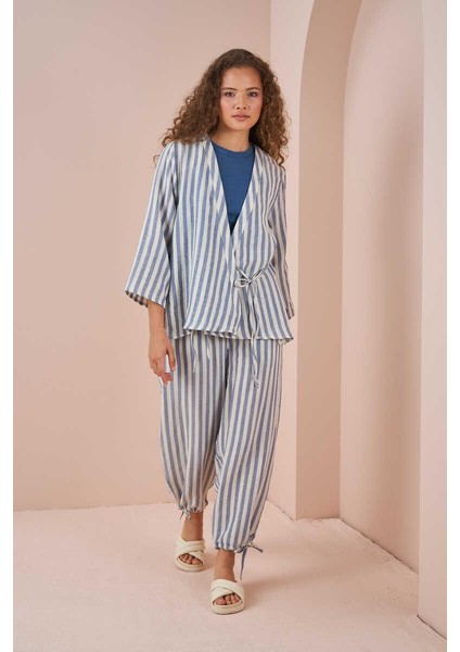 Kruvaze Kimono Bluz Müslin Ince Çizgili Mavi fiyatları