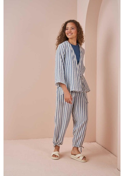 Kruvaze Kimono Bluz Müslin Ince Çizgili Mavi modelleri