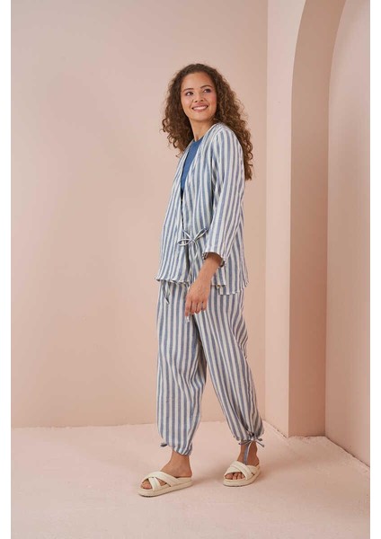 Kruvaze Kimono Bluz Müslin Ince Çizgili Mavi fırsatları