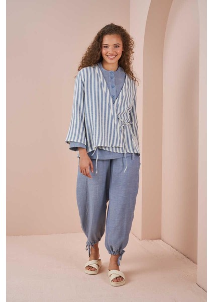 Kruvaze Kimono Bluz Müslin Ince Çizgili Mavi indirimleri