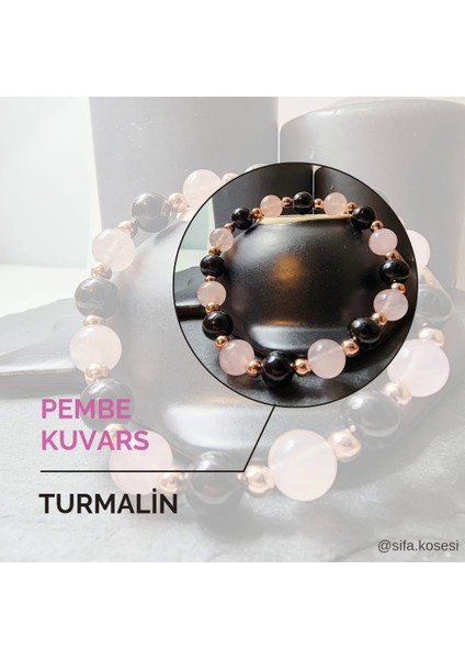 Pembe Kuvars ve Siyah Turmalin Orjinal Doğal Taş Kadın Bileklik / Aşk, Sevgi ve Koruma Bilekliği