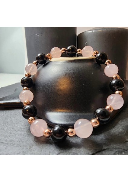 Pembe Kuvars ve Siyah Turmalin Orjinal Doğal Taş Kadın Bileklik / Aşk, Sevgi ve Koruma Bilekliği modelleri