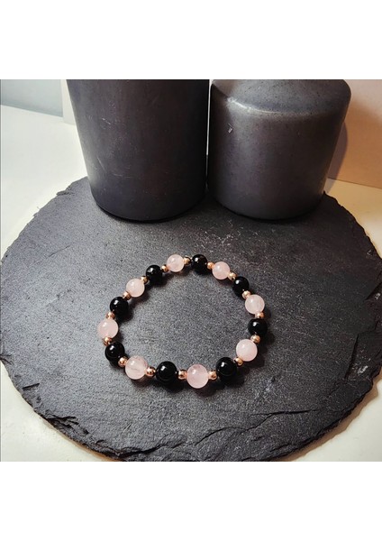 Pembe Kuvars ve Siyah Turmalin Orjinal Doğal Taş Kadın Bileklik / Aşk, Sevgi ve Koruma Bilekliği fırsatları