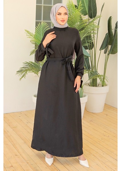 Kolları Ipli Keten Elbise 970 - Siyah modelleri