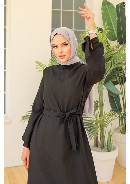 Kolları Ipli Keten Elbise 970 - Siyah fırsatları