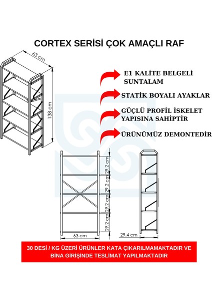 Cortex Serisi Barok Ahşap Desen 5 Katlı Köşe Rafı