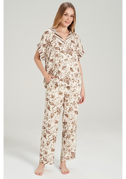Kadın Kısa Kol Önden Düğmeli Dokuma Kahve Pijama Takım C7T1N0O5