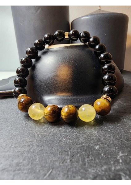 Kaplan Gözü, Sitrin ve Siyah Turmalin Orjinal Doğal Taş Erkek Bileklik / Başarı, Bolluk ve Koruma Bilekliği