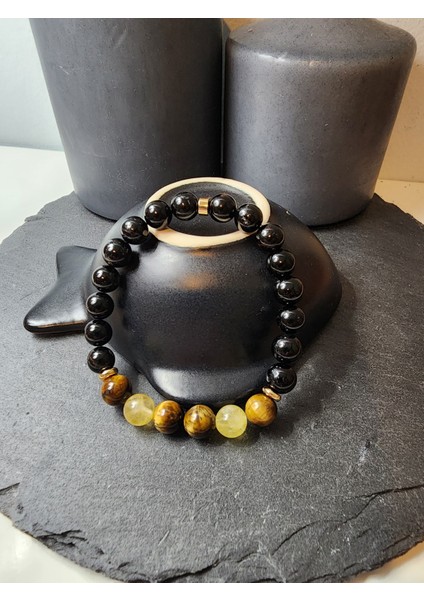 Kaplan Gözü, Sitrin ve Siyah Turmalin Orjinal Doğal Taş Erkek Bileklik / Başarı, Bolluk ve Koruma Bilekliği fiyatları