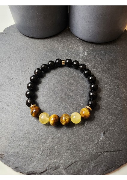 Kaplan Gözü, Sitrin ve Siyah Turmalin Orjinal Doğal Taş Erkek Bileklik / Başarı, Bolluk ve Koruma Bilekliği modelleri