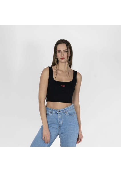 Geniş Askılı Nakışlı Kaşkorse Kadın Siyah Crop
