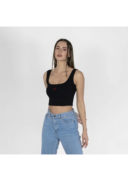 Geniş Askılı Nakışlı Kaşkorse Kadın Siyah Crop