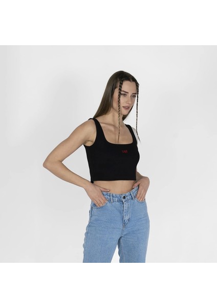 Geniş Askılı Nakışlı Kaşkorse Kadın Siyah Crop