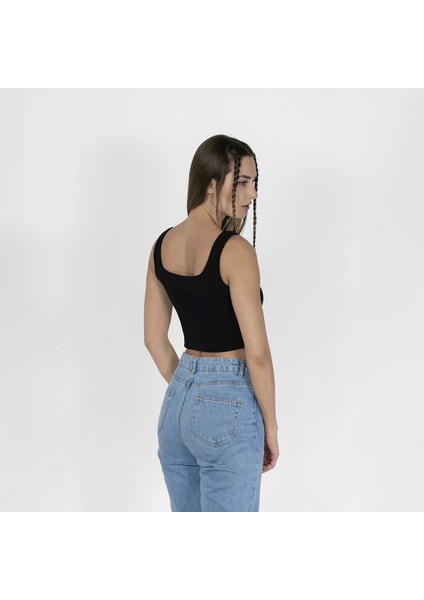 Geniş Askılı Nakışlı Kaşkorse Kadın Siyah Crop